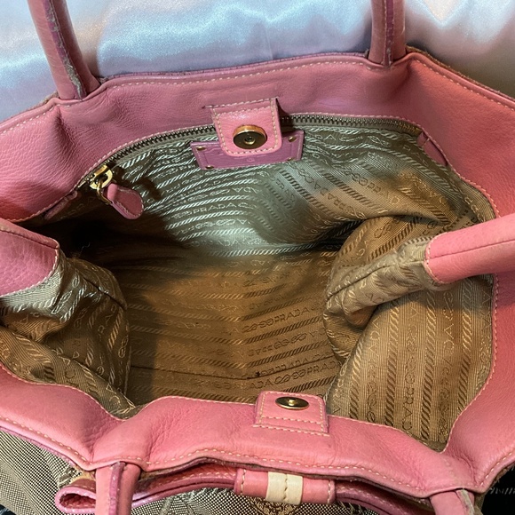 Prada, beige canvas Monogram tote with pink leather bow and trim.  173-H4g - Picture 8 of 15